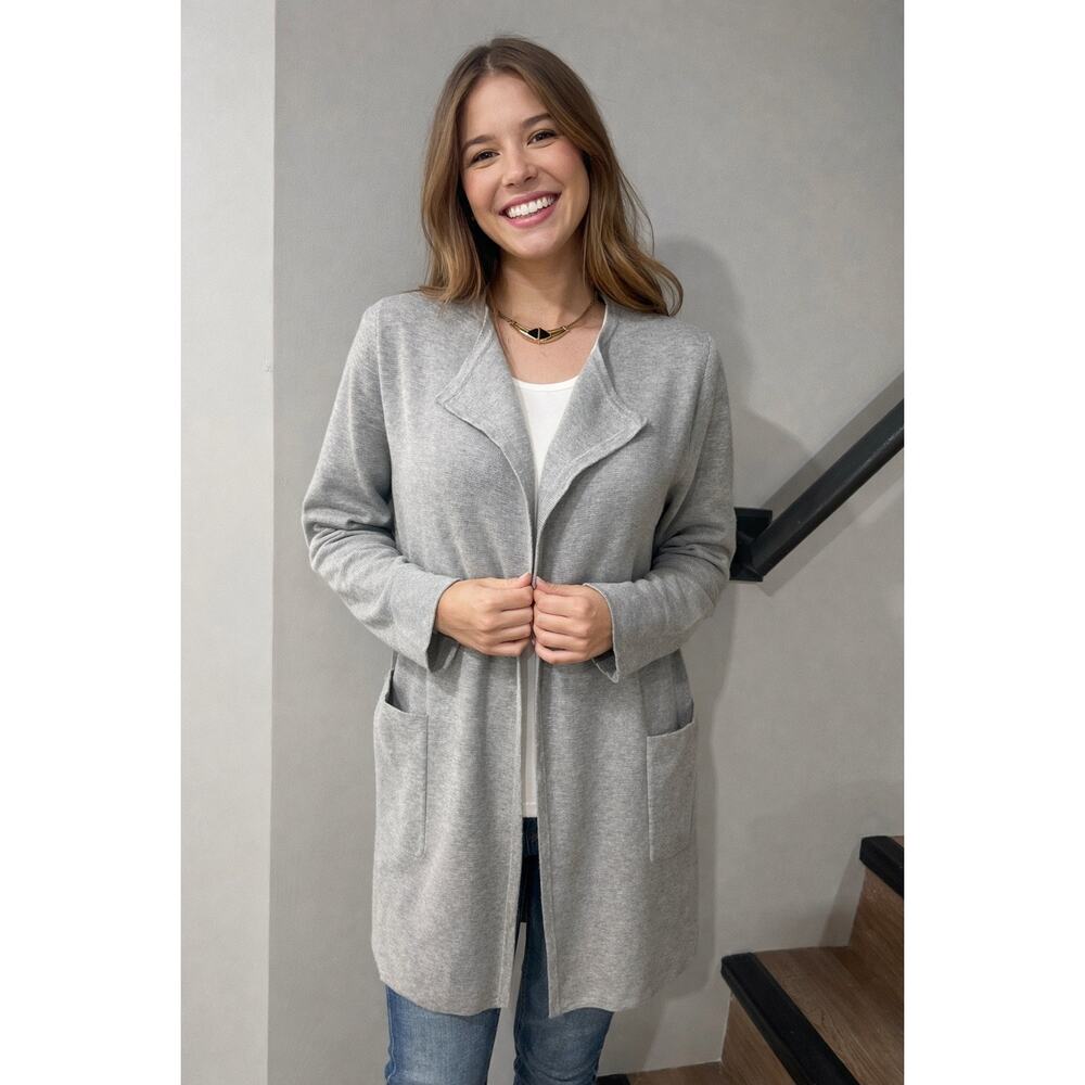 J.Crew Long Open Front Cardigan Merino Wool Blend 365 Gray Timeless Style S XS